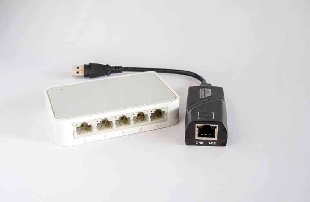 A USB-ethernet adapter with a 10/100/1000 gigabit ethernet port