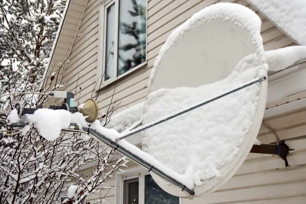 A satellite antenna dish covered in snow