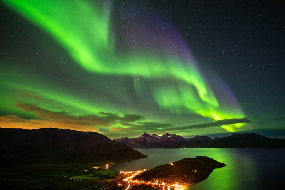 An aerial view of the northern lights during a strong geomagnetic storm