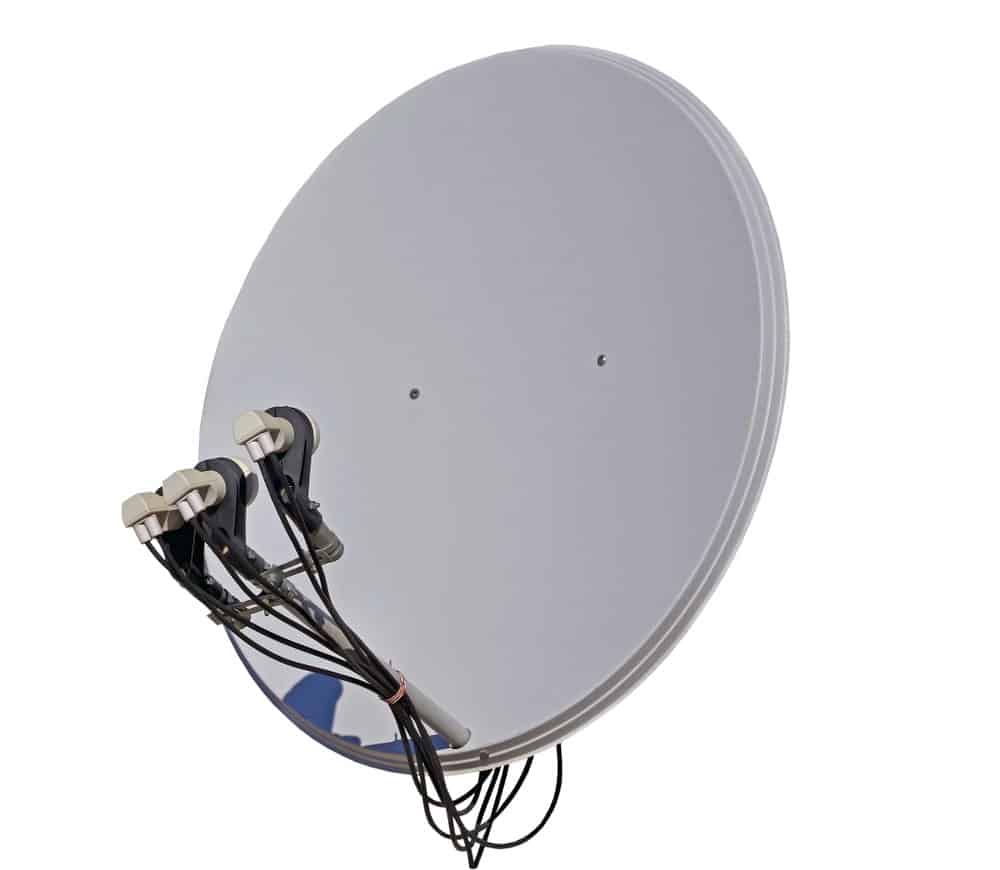 A satellite dish with three LNBs