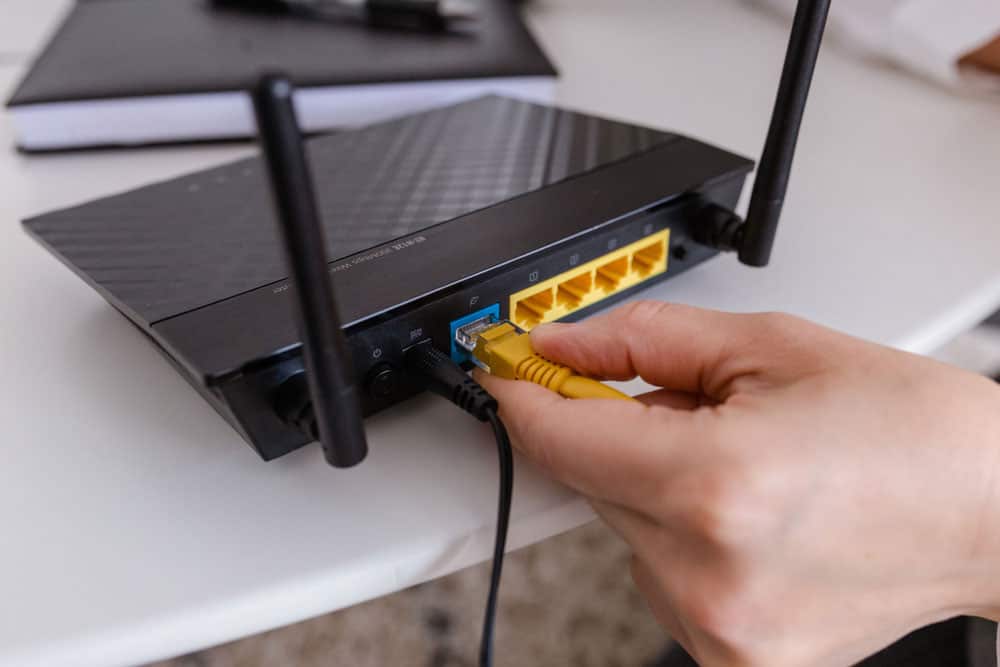 A person connecting an ethernet cable to a router socket
