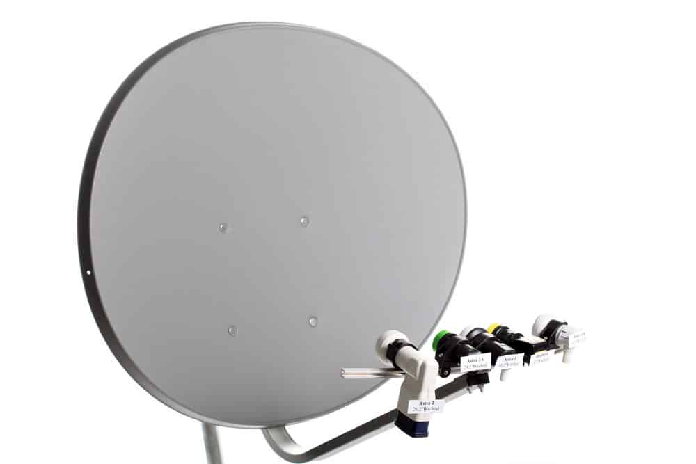 An oval satellite dish with five LNBs