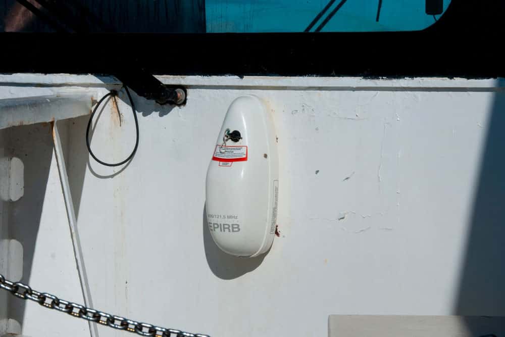 An EPIRB in its bracket on a ship