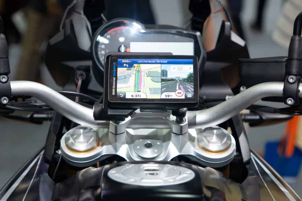 Close-up navigation GPS screen on a motorbike
