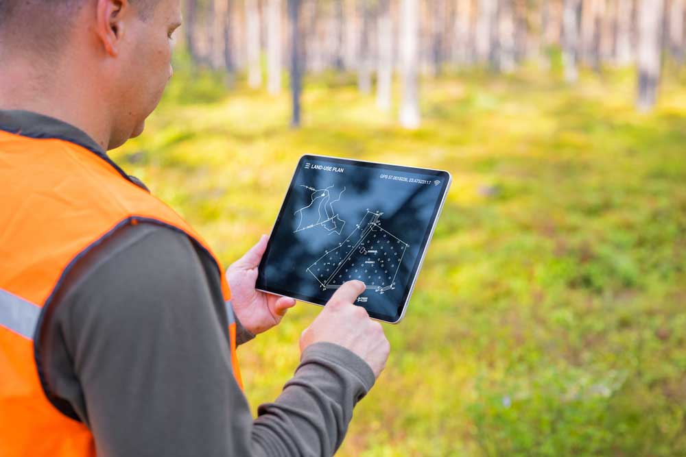 Forester using tablet computer in forest and looking at the topological map on the screen