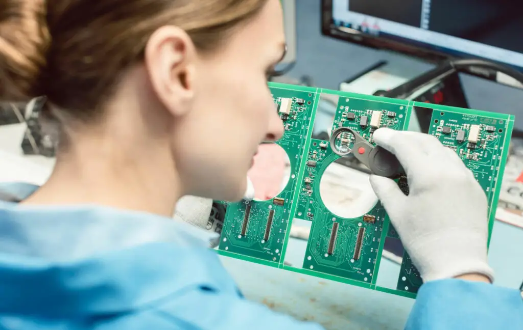 A lady soldering components to PCB