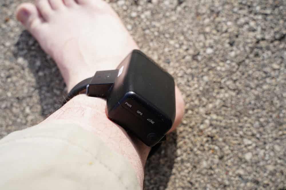 An up-close image of a GPS ankle bracelet