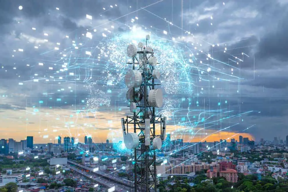 Telecommunication tower with 5G cellular network antenna