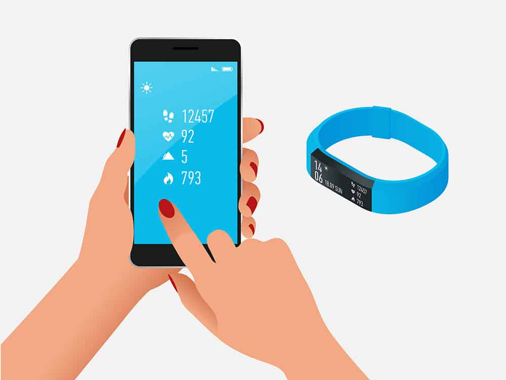 A fitness tracker and smartphone. 