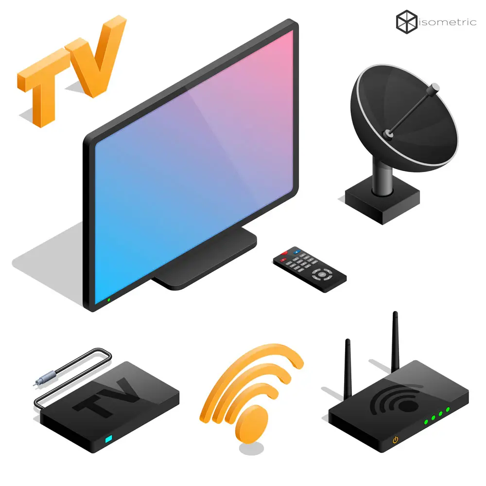 TV, antenna, console, and modem together