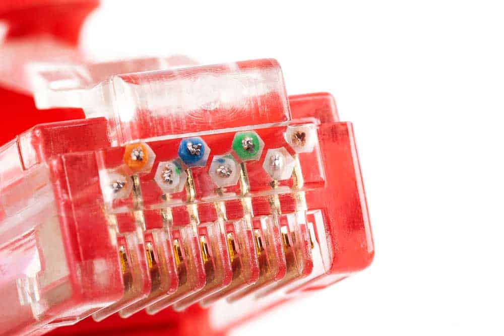 8P8C, RJ-45 crimped red ethernet connector