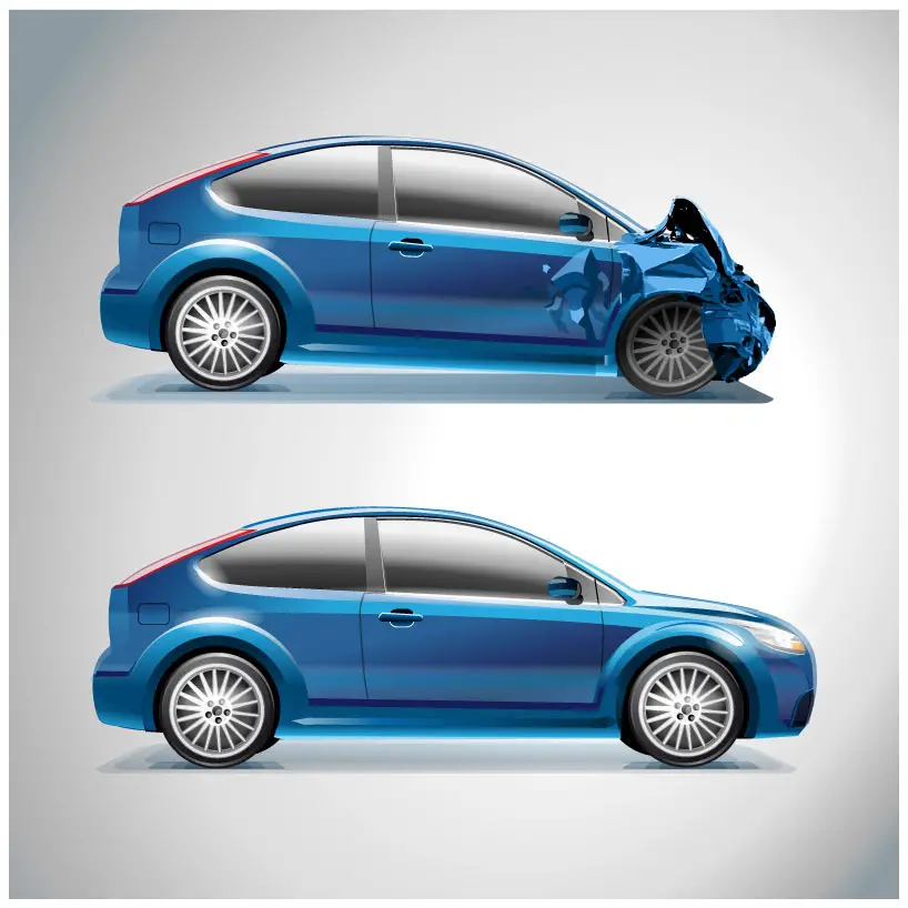 A car after and before a crash. 