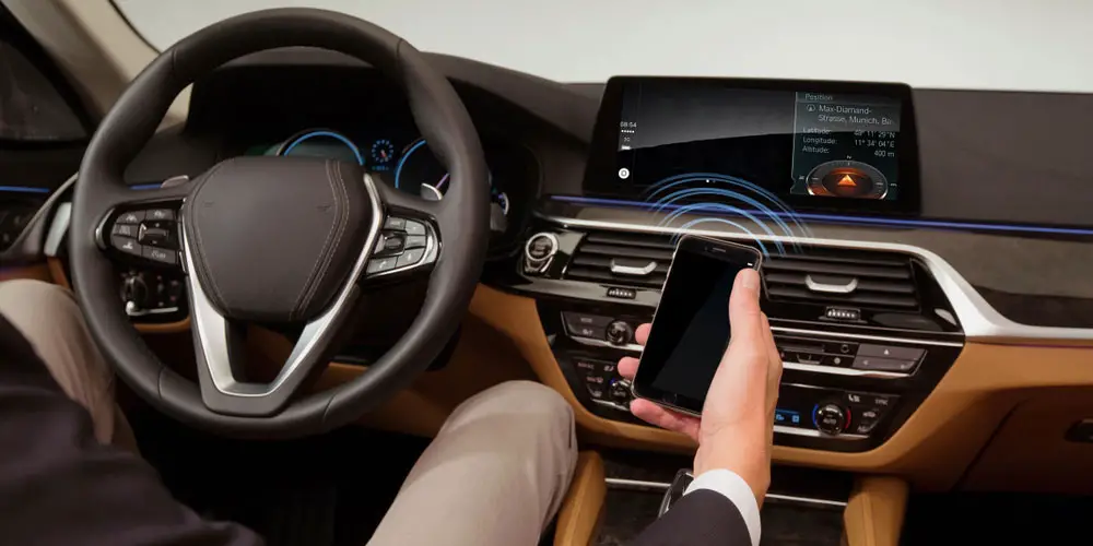 A modern luxury car with wireless smartphone connectivity