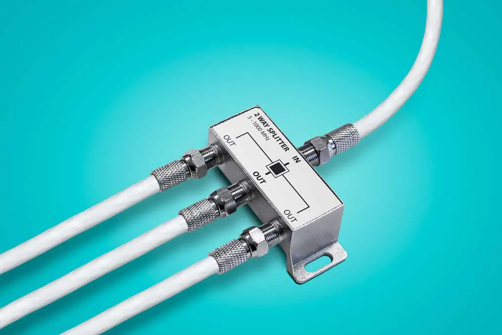 A three-way coaxial cable splitter